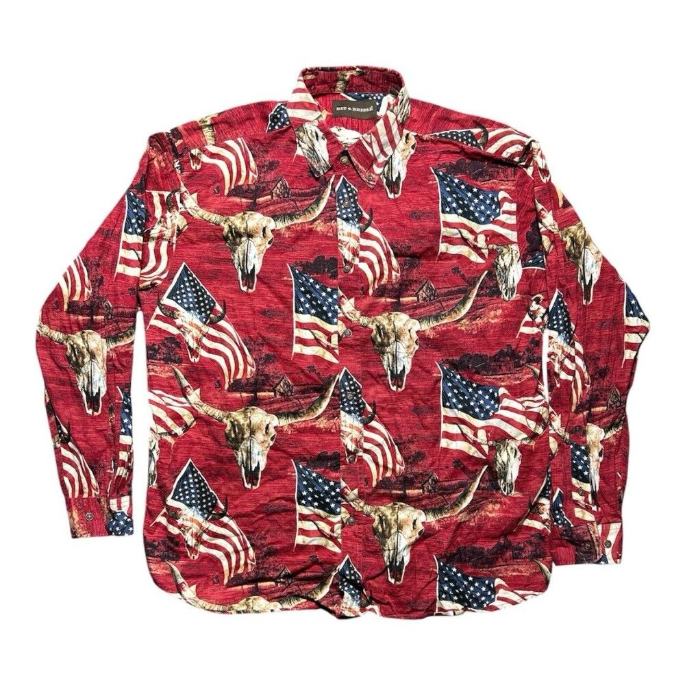Bit And Bridle Button Down Bull Skull Flags Long Sleeve Men L July Red White